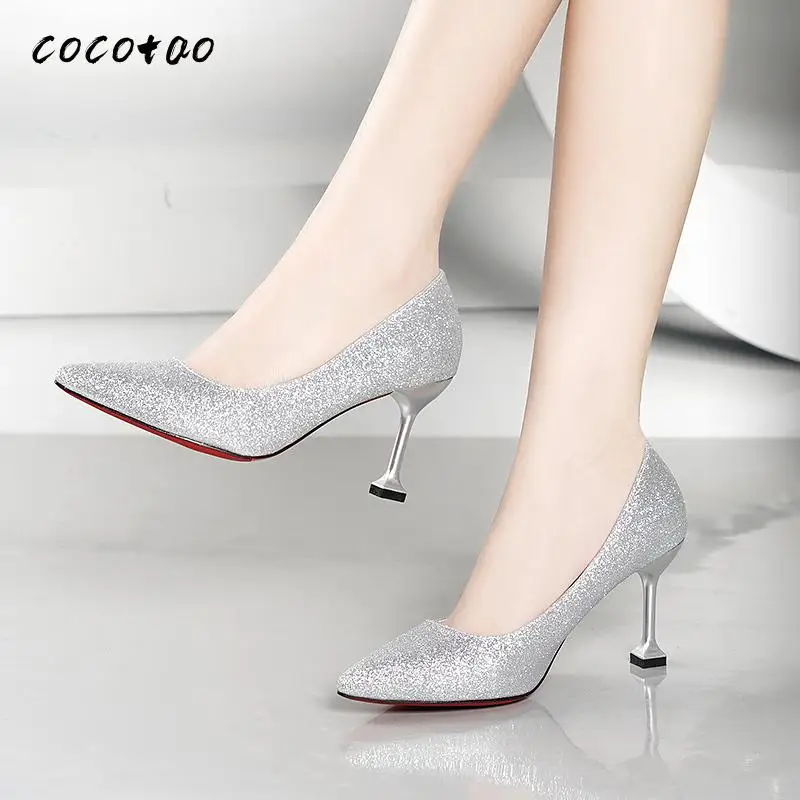 Весна-Осень 2020 новые женские туфли на высоком тонком каблуке серебристого цвета