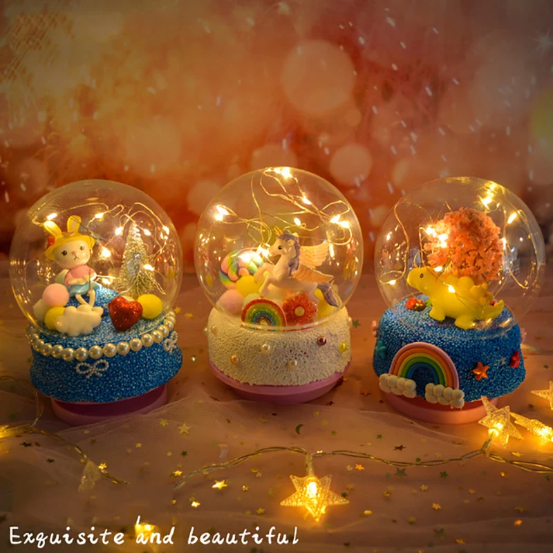 

LISM Creative Diy Toys for Children Handmade Educational Cartoon Rotating Crystal Music Box Micro-scene Bubble Glowing Kids Toy