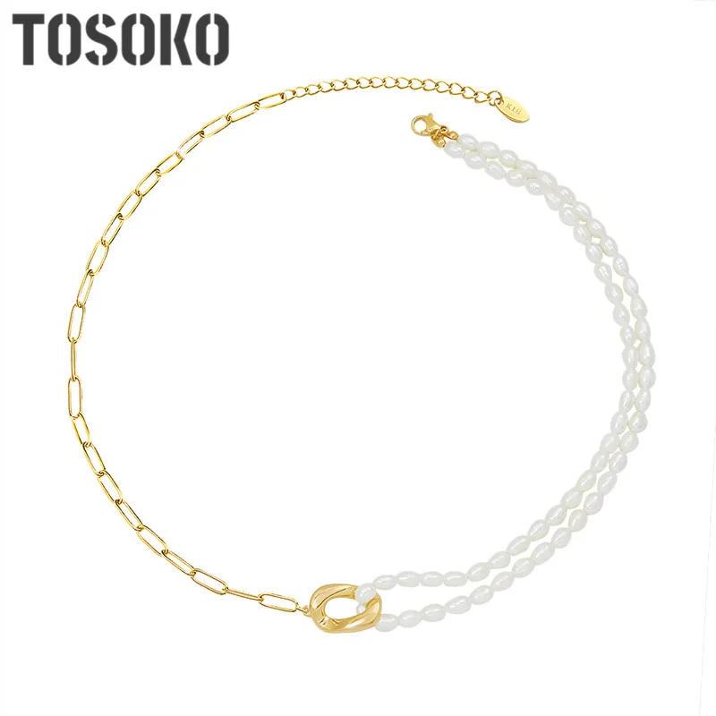 

TOSOKO Stainless Steel Jewelry Freshwater Pearl Mosaic Necklace Geometric Pendant Women's Fashion Clavicle Chain BSP119