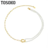 tosoko stainless steel jewelry freshwater pearl mosaic necklace geometric pendant womens fashion clavicle chain bsp119