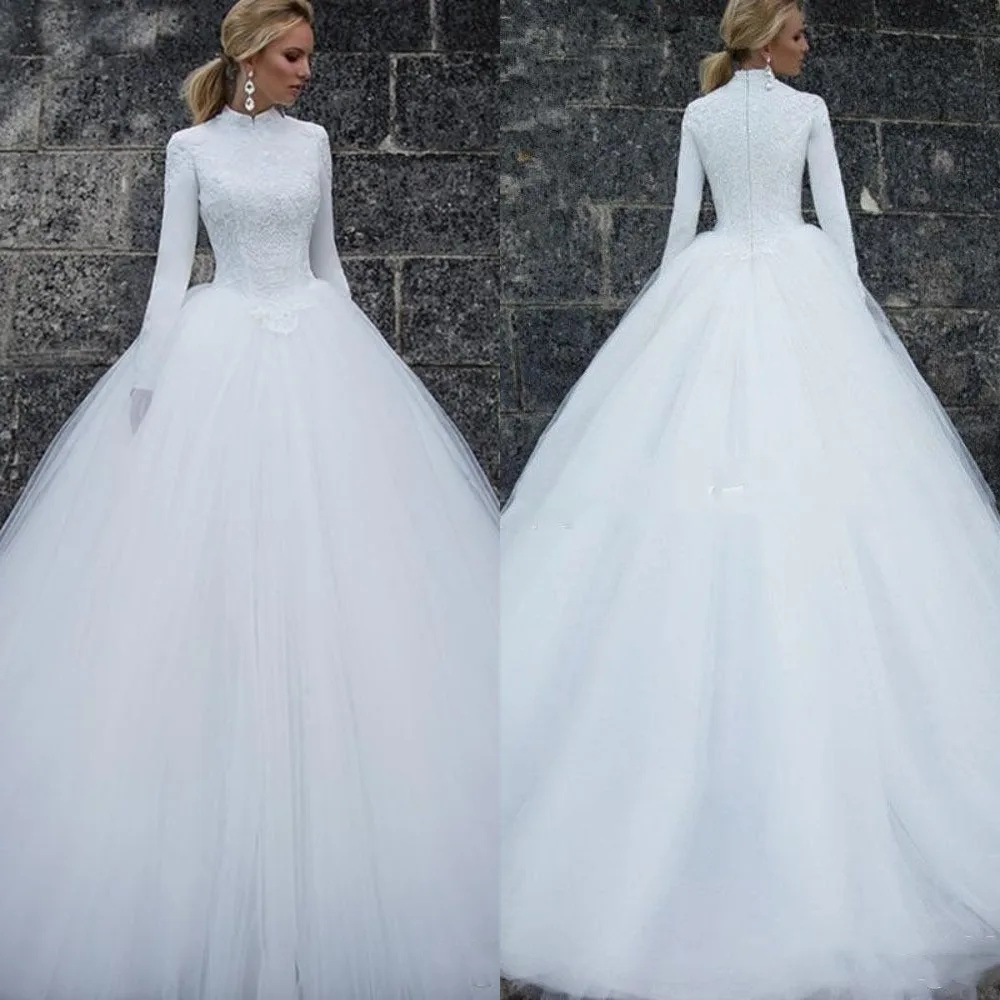 

2021 Elegant High Neck Muslim Lace Tulle Wedding Dresses Long Sleeves Simple Bridal Dresses Long Wedding Gowns Vestido De Noiva