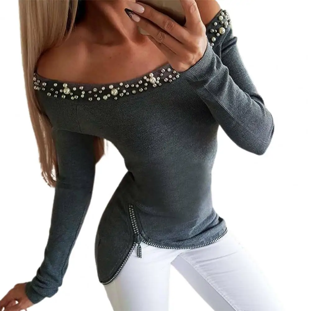 

Sexy Women Stretchy Blouse Faux Pearl Decor Bottom Slash Neck Zipper Hem Solid Color Spring Autumn Office Lady Slim Blouses