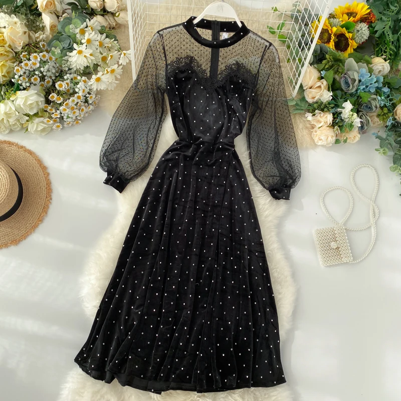 2019 Новая модная женская одежда осеннее бархатное белое платье в горошек женское |