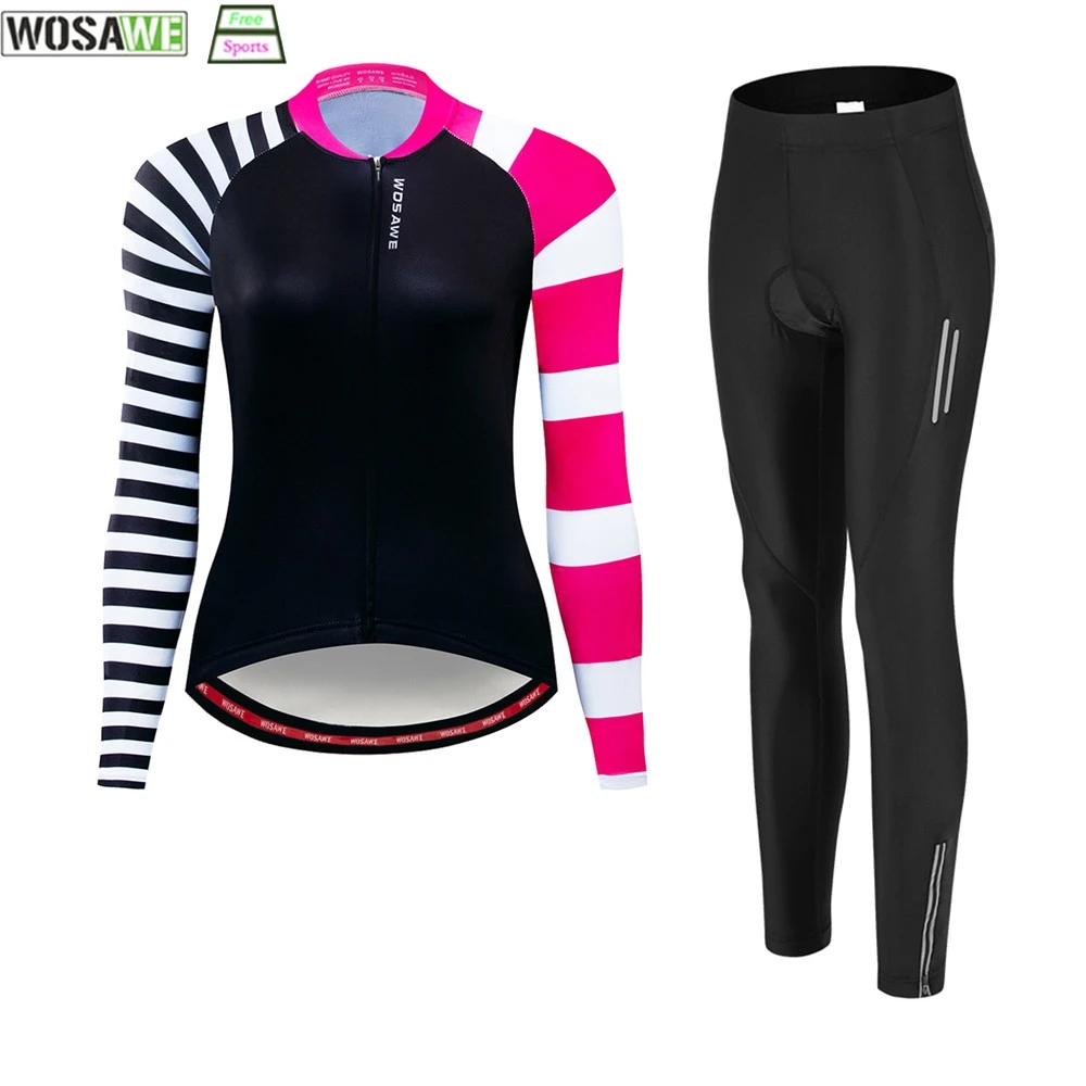 

WOSAWE Women Cycling Suit Summer Spring Shockproof Silicone Gel Pad Pants Pink Jersey Long Sleeve Comfortable Moisture wicking