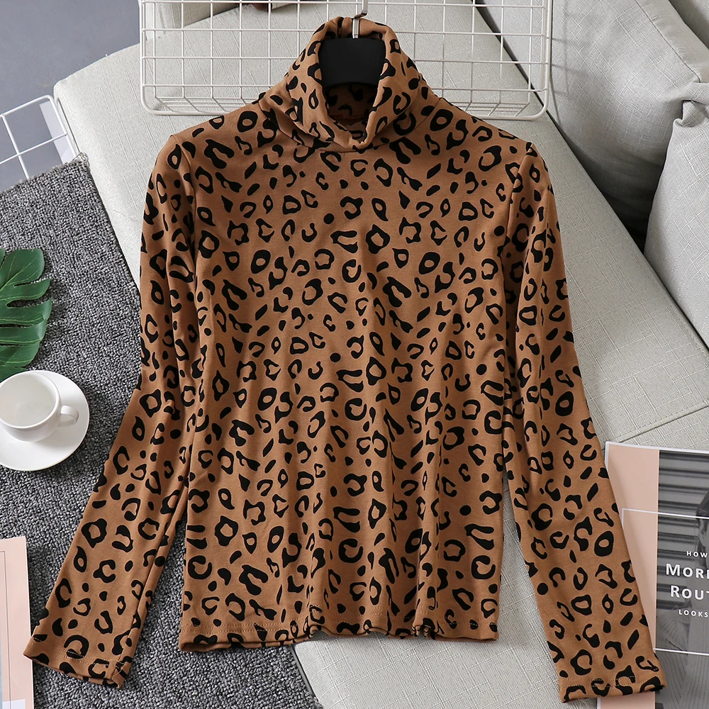 Новинка 2019 женские футболки леопардовая Водолазка с длинным рукавом топы модная