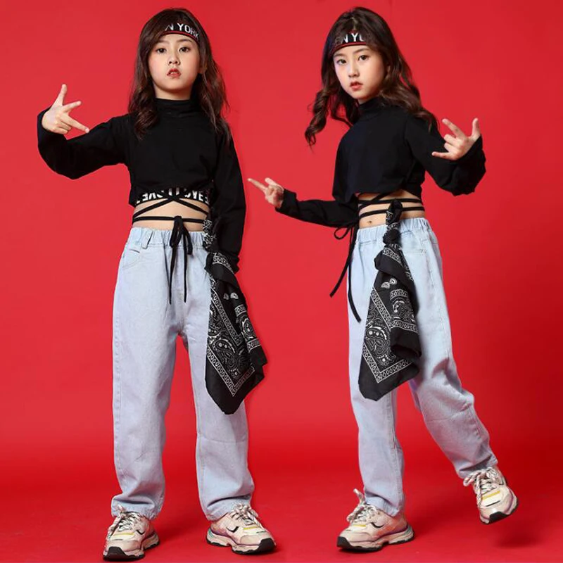 Детская одежда для выступлений в стиле хип хоп черная укороченная толстовка