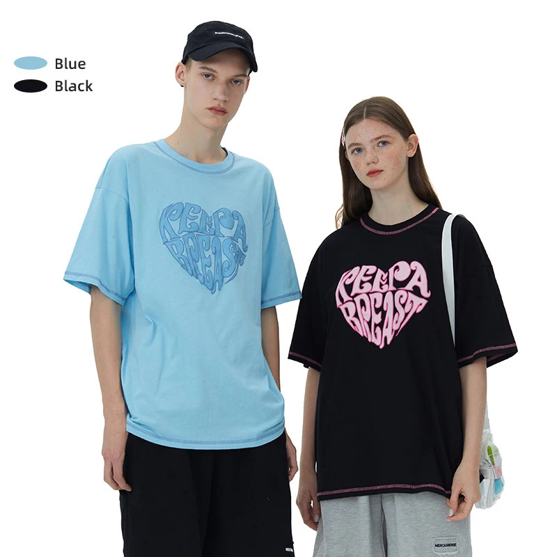 Street Fashion Heart-Shaped Letter Printing Short-Sleeved Cotton T-Shirt Men and Women Loose Casual Round Neck Couple Top Summer