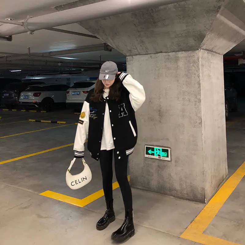 

Oversized Jacket Bear Baseball Uniform Women American Streetwear Coat Loose Women's Top Fashion Casual Stitching Jacket