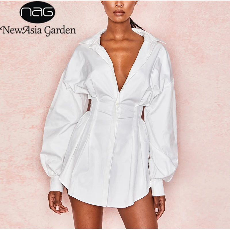 Платье рубашка женское с длинным рукавом фонариком и отложным