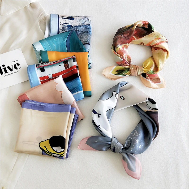 

Fashion Small Square Scarf Women Neck Hair Band Foulard Small Headband 2021 Fashion Print Neckerchief Scarves Bandana 53*53cm