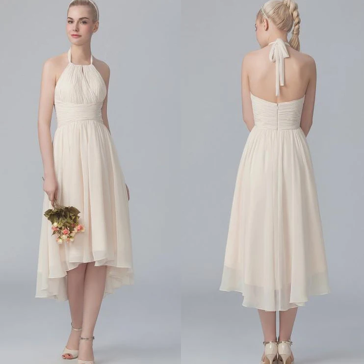

2015 Summer Style High Low Tea Length Beige Wedding Gowns A Line Halter Backless Ruffles Party Maid of Honor Dresses Chiffon