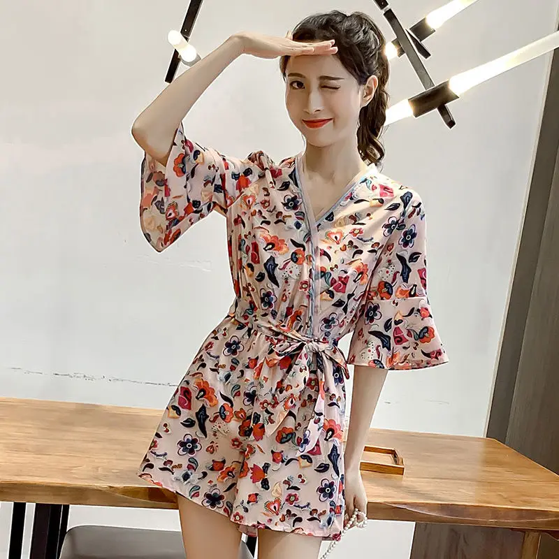 Женский комбинезон с цветочным принтом Летний широкими штанинами бантом 2020 T31 |