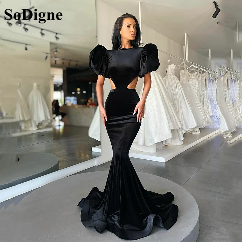 

SoDigne Black Satin Mermaid Evening Dresses Short Sleeves Evening Gown Elegant Expose Waist Prom Dress Robe De Soiree