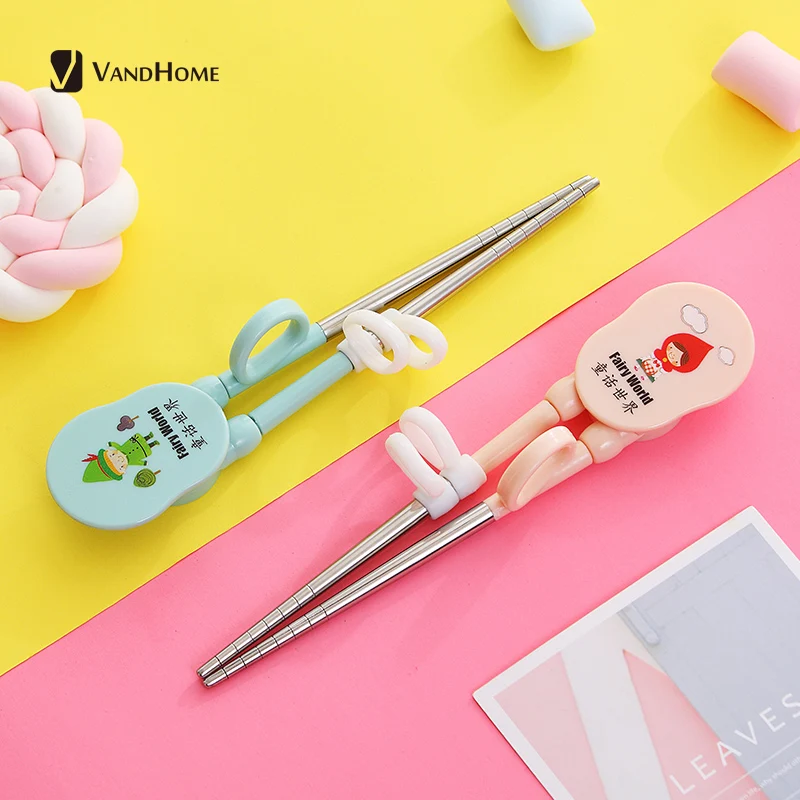 VandHome Cute Chinese Training Chopsticks 304 Stainless Steel Food Sticks For Kids Reusable Non-slip Learning Chopstick Helper | Дом и сад