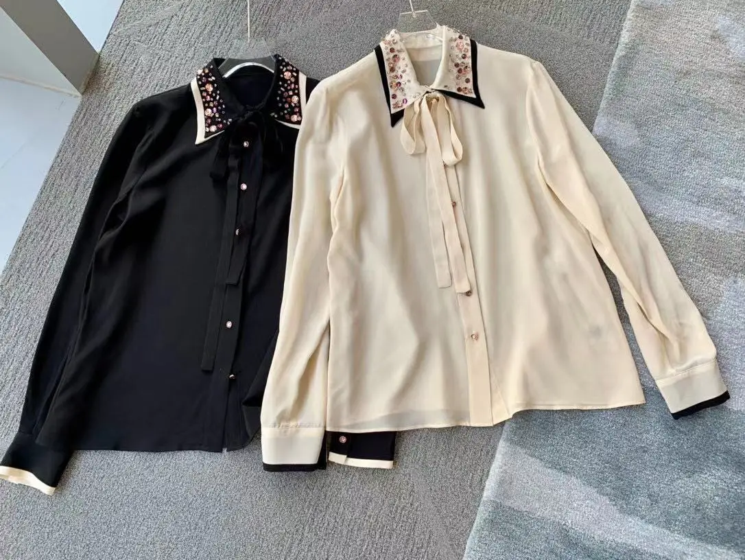 

Women Silk Shirts Blouses 2021 Feminine Blouse Top Long Sleeve Casual Beading Turn-down Collar Single Breasted Women Blouses