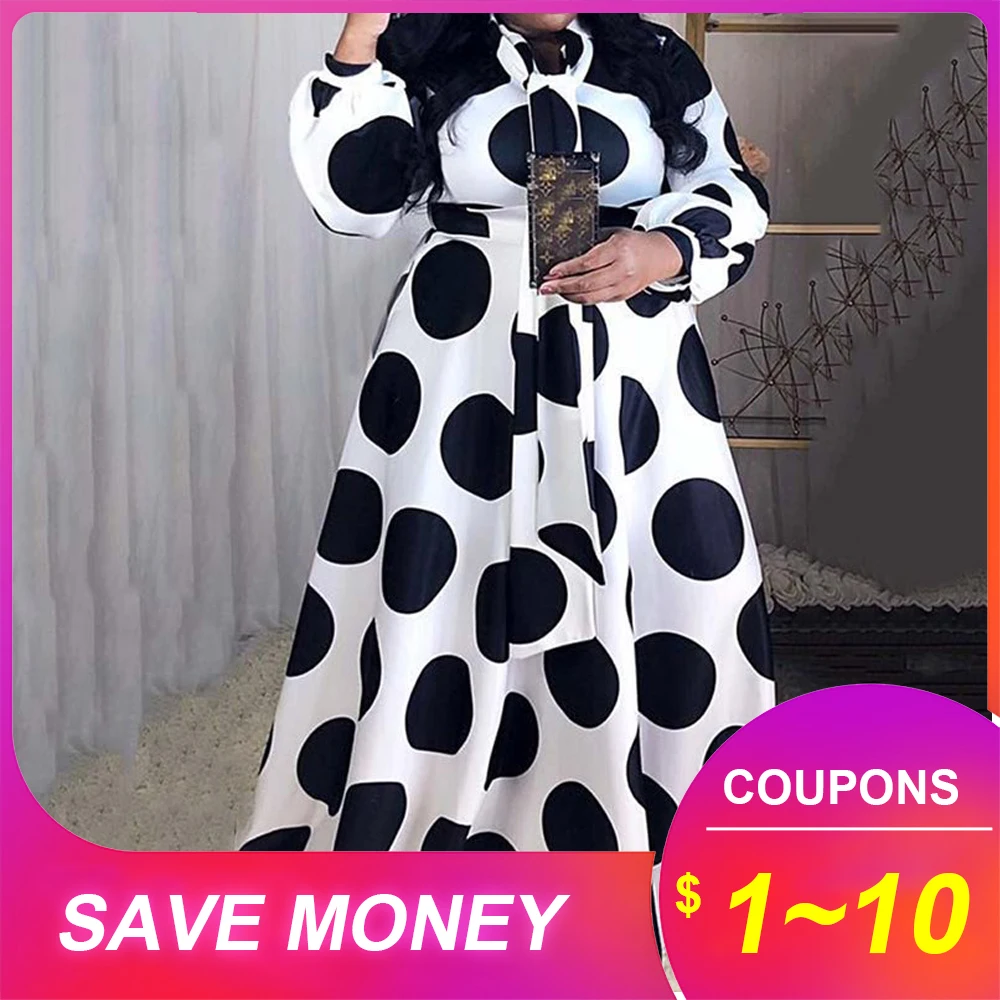 Свободное длинное платье в горошек осень 2019 стиле ретро с высокой талией и