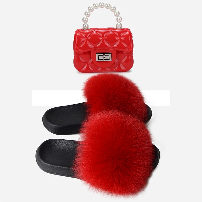 

Children's Summer Fur Slippers Mini Handbag Shoulder Bag Cute Fluffy Fox Fur Slippers Crossbody Bag Fox Fur Slippers