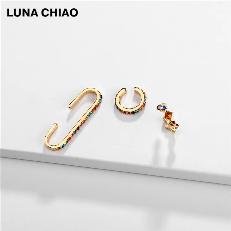 LUNA CHIAO Популярные хрустальные стразы металлические жемчужные манжеты для ушей штабелируемые манжеты Комплект сережек для женщин