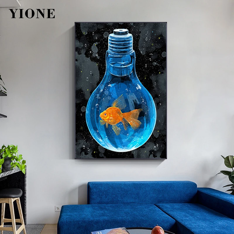 

Blue Black Starry Sky Sea Ocean Light Bulb Goldfish Canvas Art Poster Abstract Animal Wall Painting Picture Print Room Decor