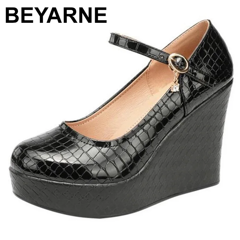 

BEYARNE 2021 Spring Autumn Leather Women's Fashion High Heels Pumps Wedges Black Office Female Platform Shoes Large size