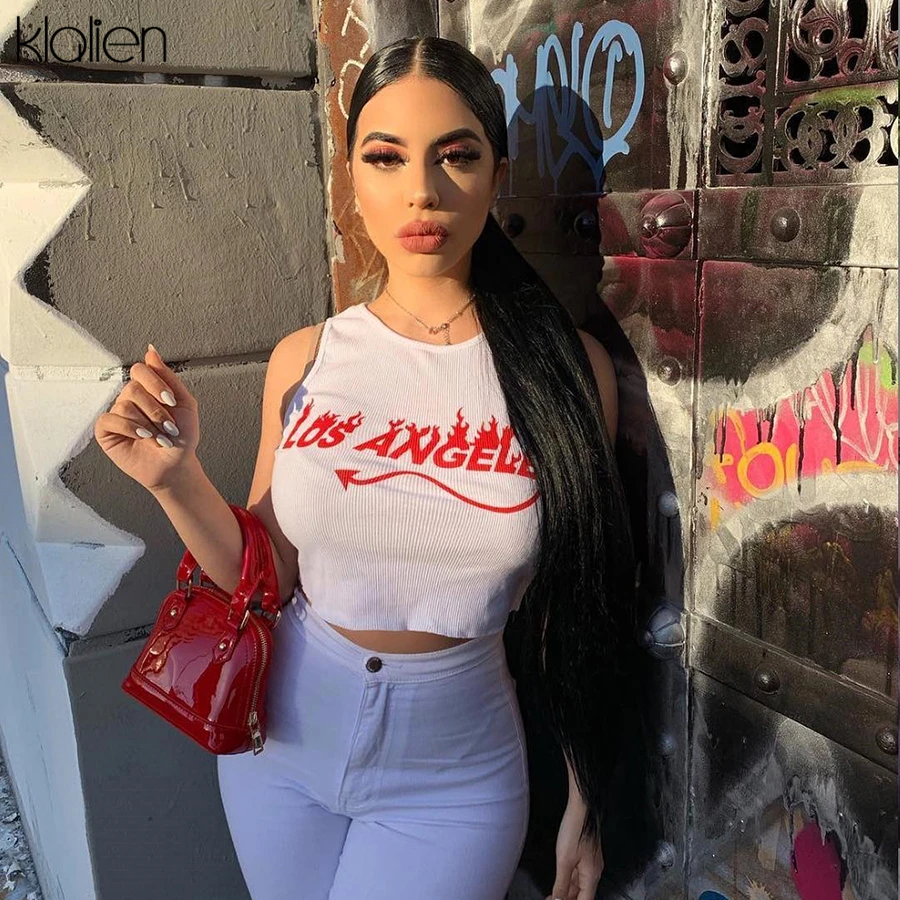 Klanien топы с буквенным принтом сексуальный короткий топ без рукавов круглым