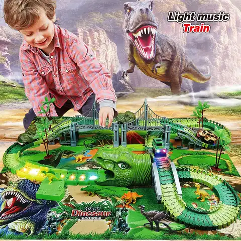 Магические дорожки для динозавр железная дорога игрушка светильник автомобиль гоночный трек игрушка набор динозавров садовый коврик гибк...
