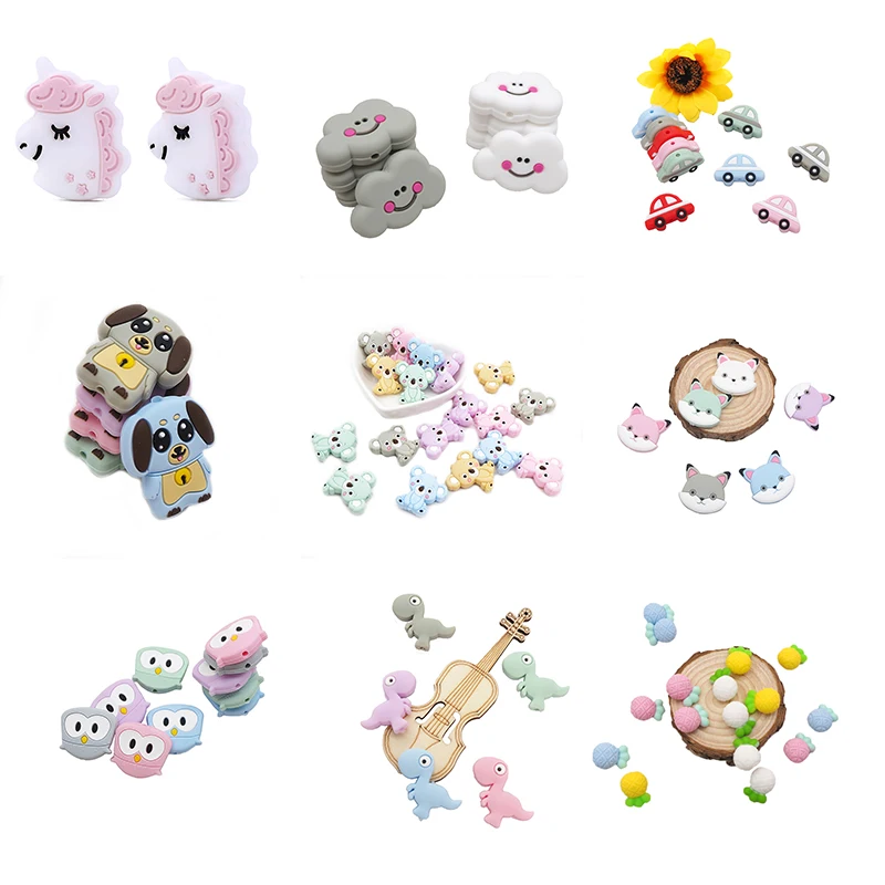 

Chenkai 10PCS Silicone Koala Dog Pineapple Fox Cloud Car Bird Teether Beads Baby Cartoon Animal Teething Beads For Newborn Gifts