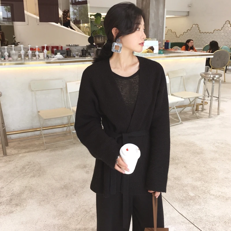 BGTEEVER Sweater Tracksuit V-neck Lace Up Pullovers &amp Loose Pants Women Set Knitted Suit Winter 2 Pieces Female 2019 | Женская одежда