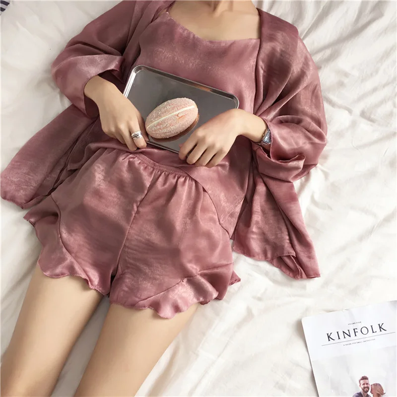 SR153 Pajamas Sets 3 pieces Satin Women Nighty Robe Gown Sleep Suit Sexy Summer Ruffled Shorts Strap Sleepwear Home Wear Pyjamas