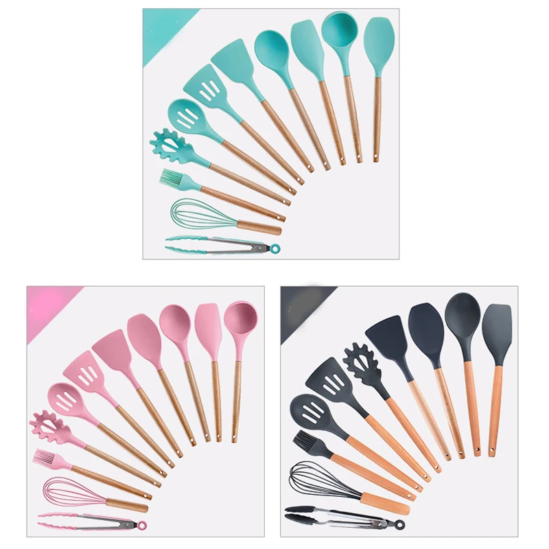 

Food Grade Kitchen Supplies Wooden Handle Non-stick Pot Silicone Spatula Kit Gadget Spatula Tongs Soup Ladle Utensils Cookware