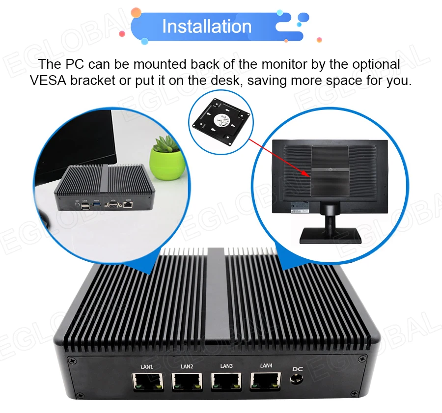 Процессор EGlobal fanless Pfsense, мини-ПК Linux J1900 4 ядра Nano Itx 4* Intel WGI211AT Gigabit RJ45 сетевой брандмауэр маршрутизатор сервер безопасности
