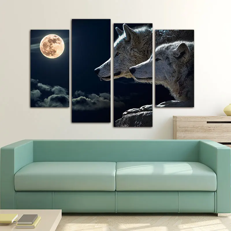 4 панели Толстовка с принтом волк при лунном свете Настенная картина холст