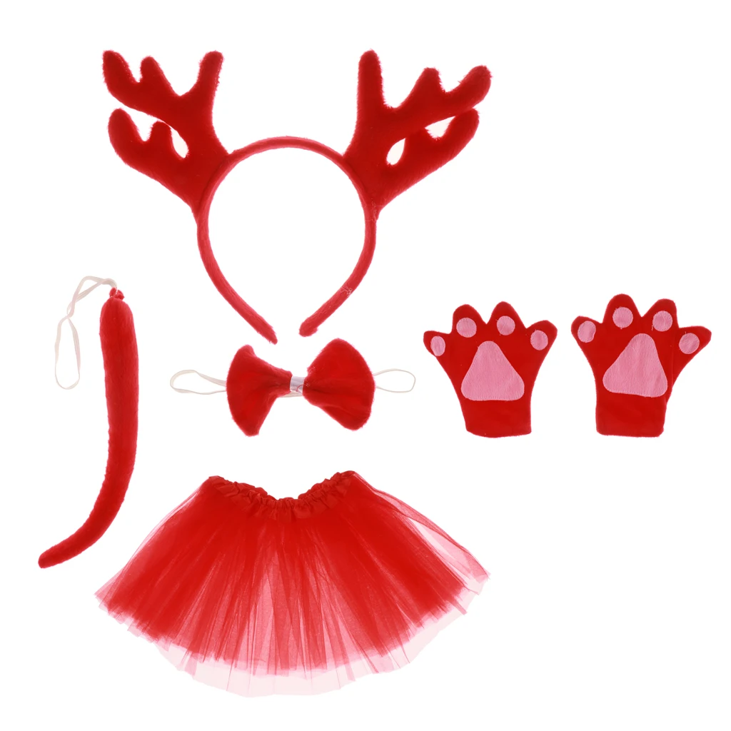 

Pack of 5 Reindeer Headband Bow Tie Tail Gloves Tutu Skirt Animal Cosplay Fancy Dress