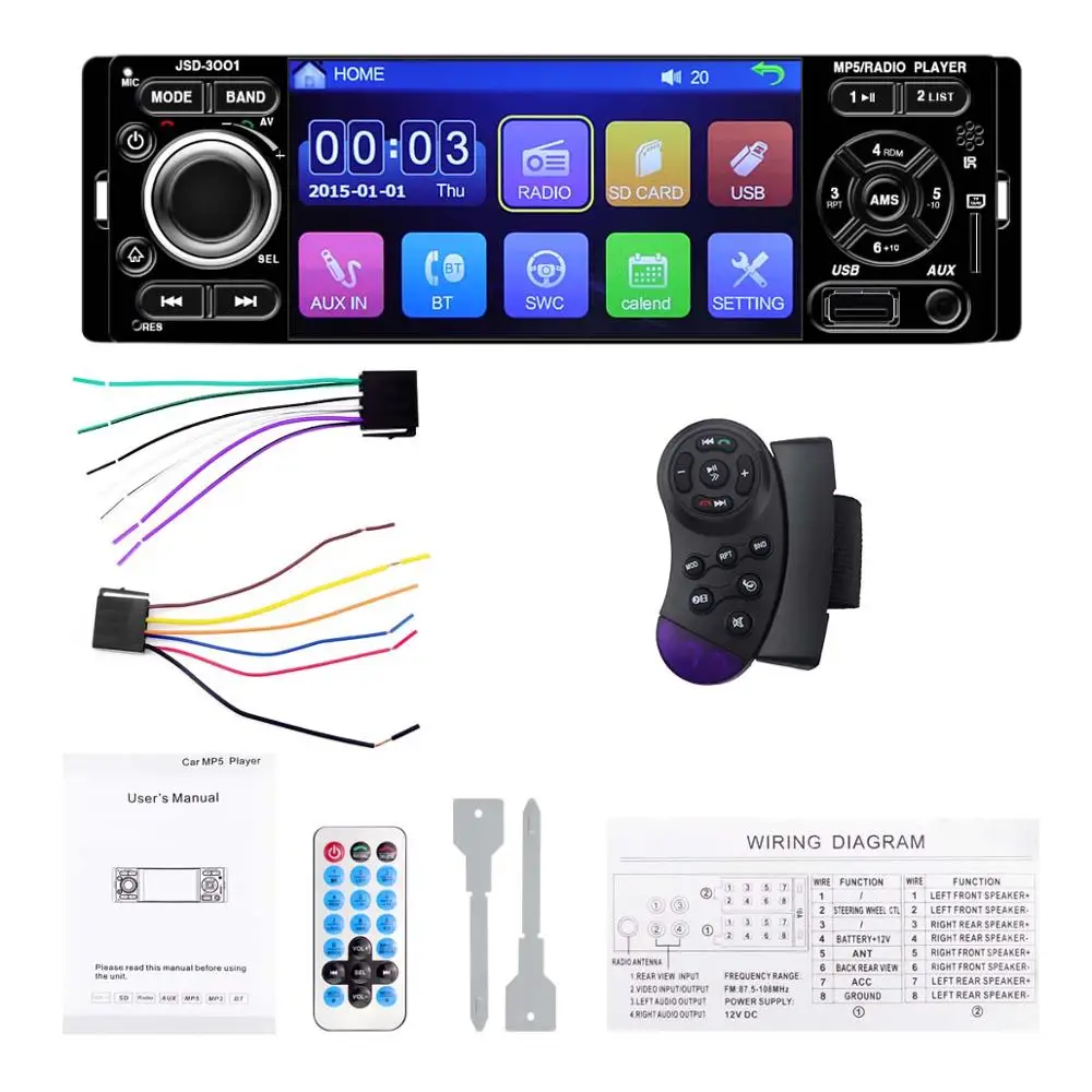 2-SteerWheel control 1 Din 4 дюйма авто аудио автомобиля Радио сенсорный экран Mp3 Mp5 мультимедийный плеер Bluetooth FM емкостный экран дистанционное управление Авторадио - Цвет: 2-SteerWheel control