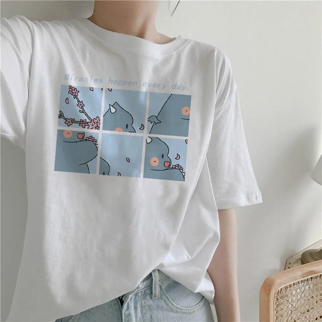 Корейская свободная Базовая футболка с мультяшной вышивкой Осенние простые