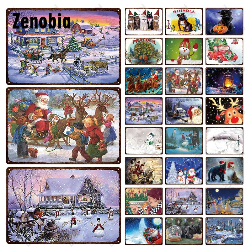 

Vintage Metal Sign Merry Christmas Metal Posters Wall Art Stickers Dogs and Cats Plaque for Home New Year Christmas Decoration