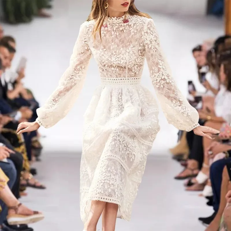 

Elegant White Lace Embroidery Midi Dresses for Women 2021 Spring Autumn Vintage Lantern Sleeve Floral Dress Vestidos De Fiesta