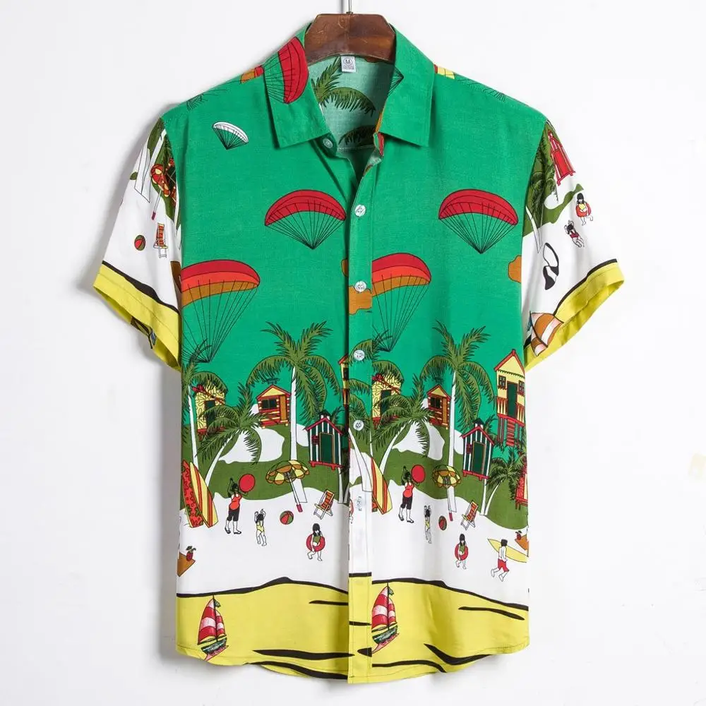 Мужские модные рубашки с принтом повседневные Гавайские на пуговицах коротким