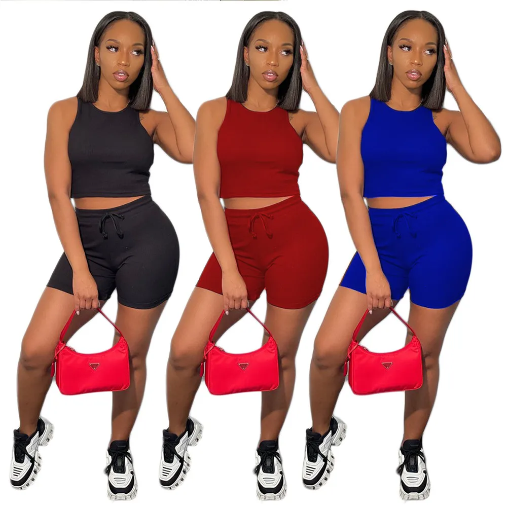 

Activewear Casual Fitness Two Piece Club Outfits Women's Sport Suit Sleeveless Tank Top and Bodycon Biker Short Loungewear Set