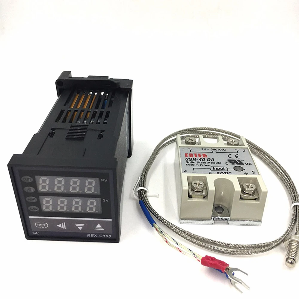 

REX-C100FK02-V*AN Intelligent Temperature Controller SSR Output + SSR-40 DA + K Probe Thermocouple + Heatsink