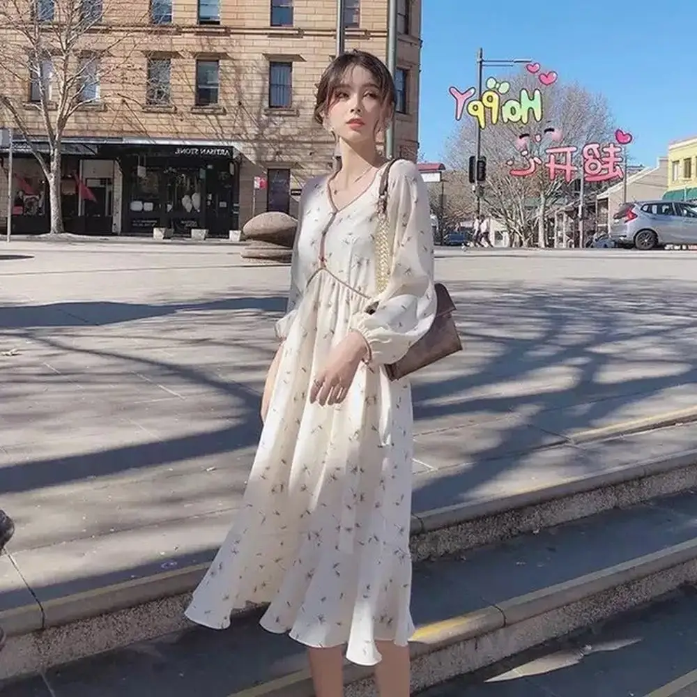 

Женское длинное шифоновое платье, винтажное платье во французском стиле с цветочным принтом и V-образным вырезом