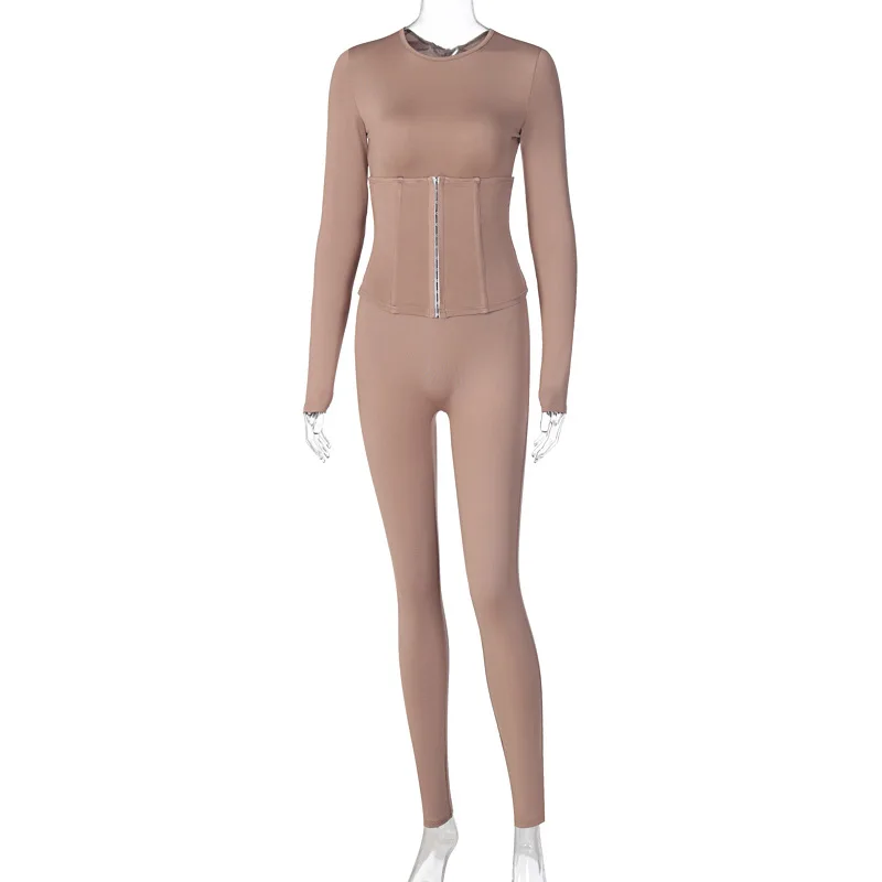

Sexy Long Sleeve Bodycon Bandage Jumpsuit with Under Bust Corset 2 Piece Club Outfits Black Nude Rompers