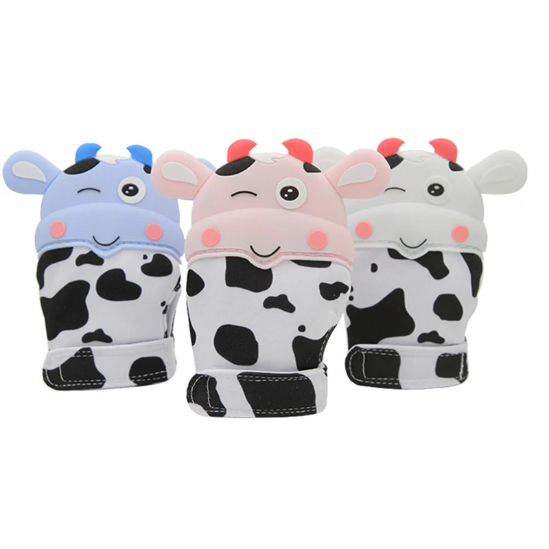 

Baby Silicone Mitts Teething Mitten Cow Shape Glove Newborn Sound Teether Chewable Nursing Teether Natural stop Sucking Thumb