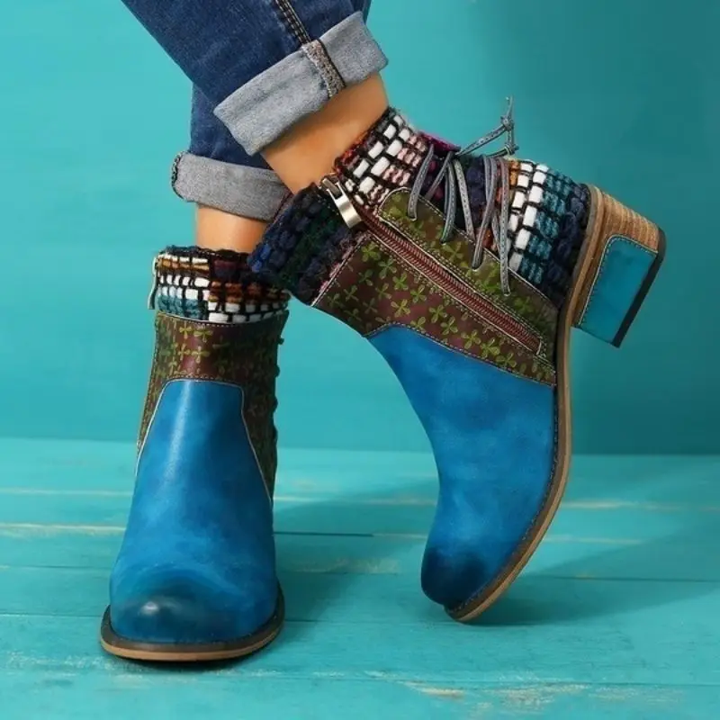 

Cowgirl Retro Weave Splicing Pattern High-Top Ankle Genuine Leather Comfy Women Boots Plus Size(US Size:4.5~11.5)