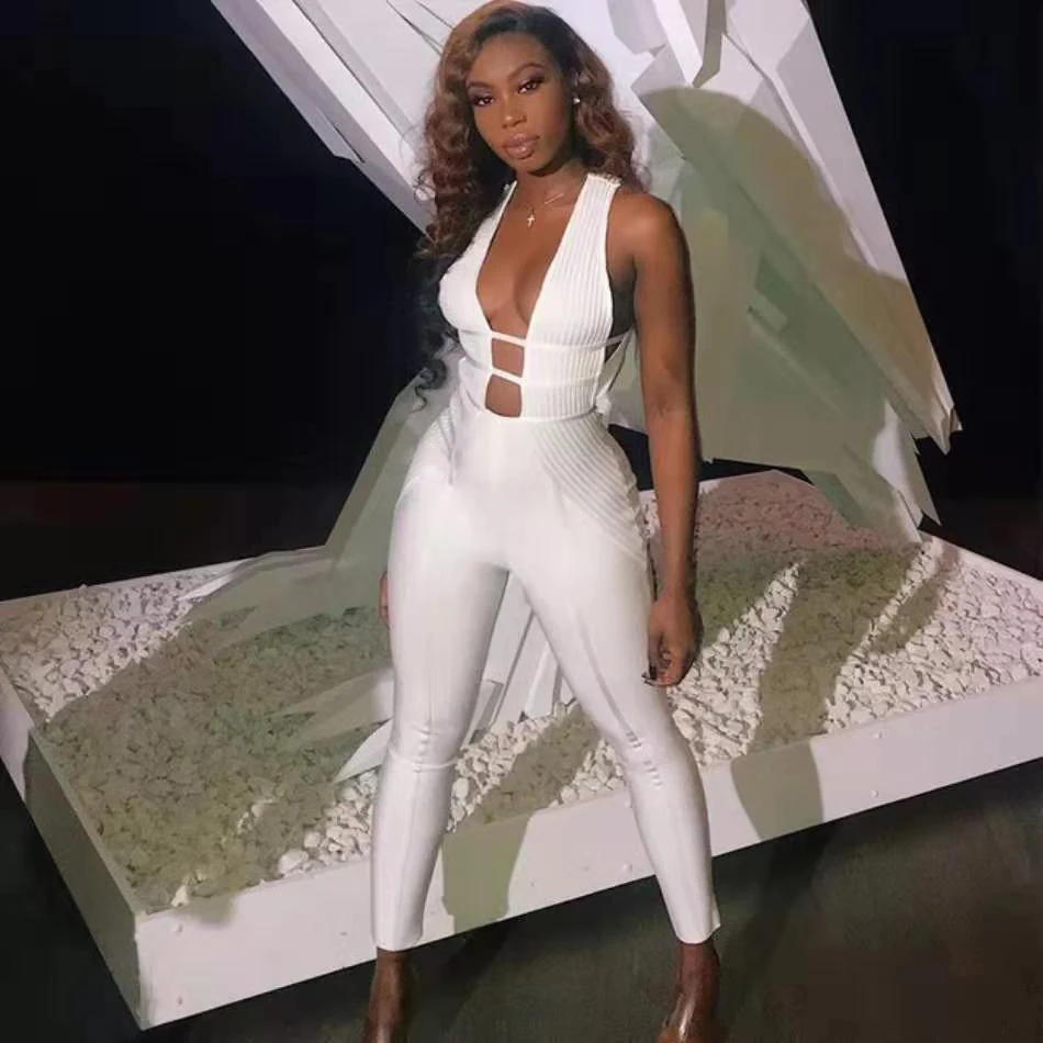 Женский Облегающий комбинезон без рукавов белый ажурный праздвечерние чный