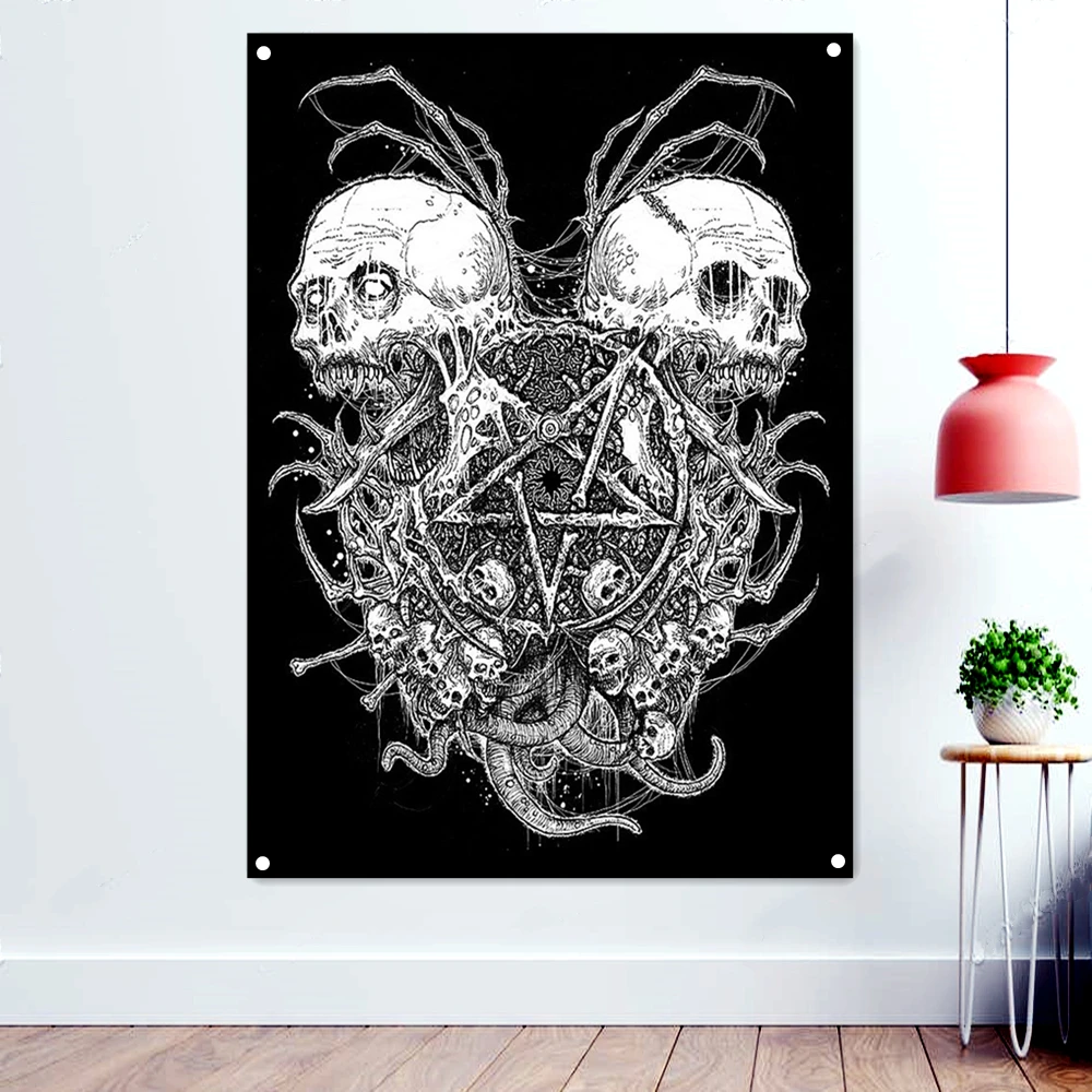 

Death Metal Icon Flags Tapestry Dark Art Poster Terrible Demon Banners Wall Painting Black/White Skull Wallpaper Home Decor B2