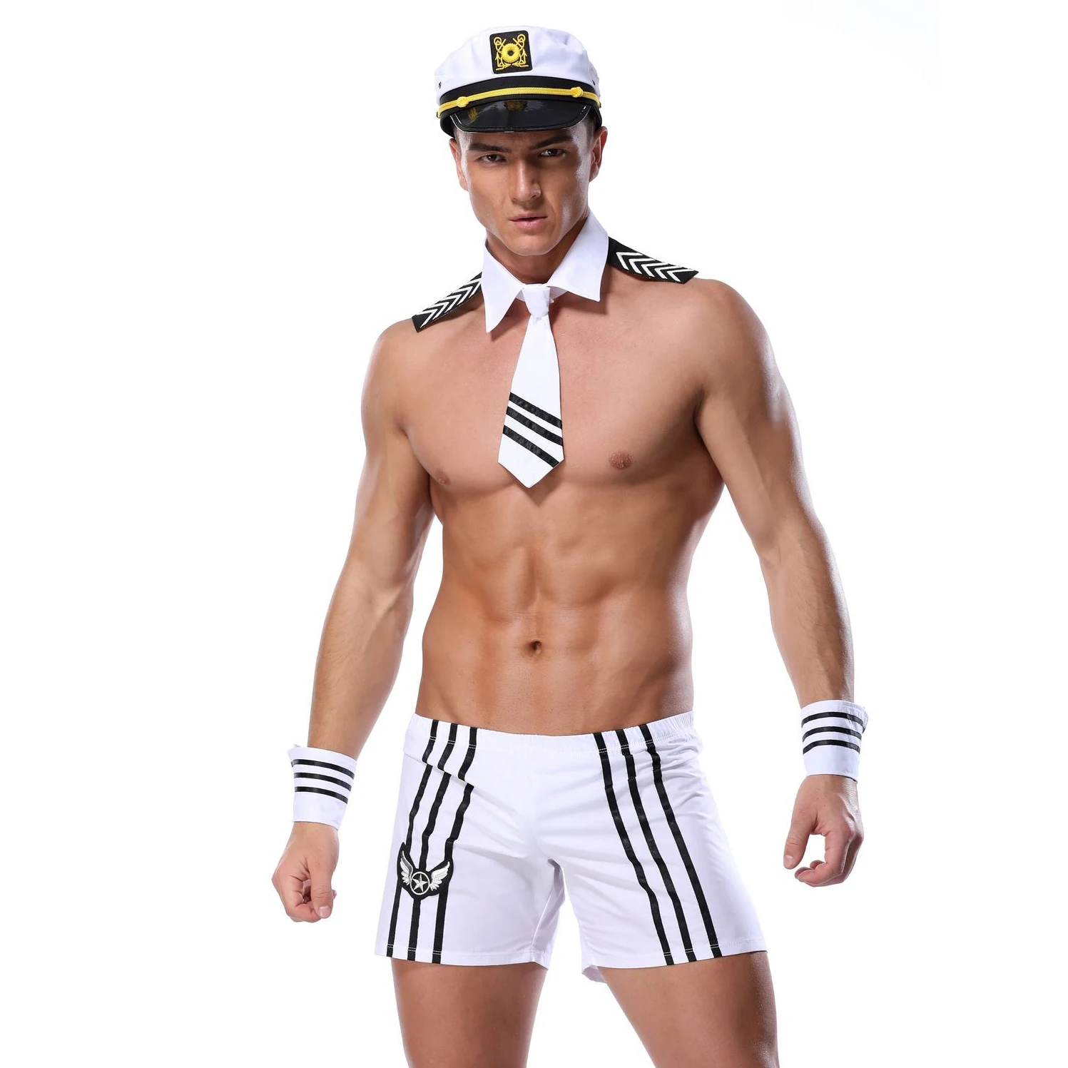 

Adult Men Lingerie Sexy Sailor Cosplay Costumes Carnival Navy Uniform Shorts with Cap Collar Tie Cuffs Cosplay Party Nightwear