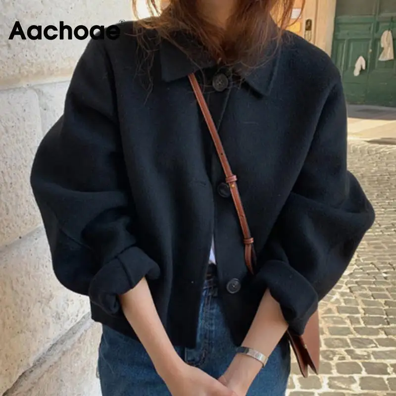 Женское шерстяное пальто Aachoae, элегантное однотонное пальто с отложным воротником и длинным рукавом, верхняя одежда, осень-зима 2021 - изображение
