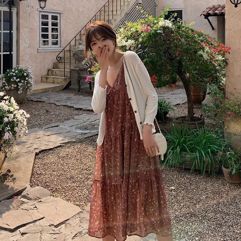 

2021 summer ~ make han edition chiffon dress of broken beautiful condole belt + bask knitting cardigan two suits