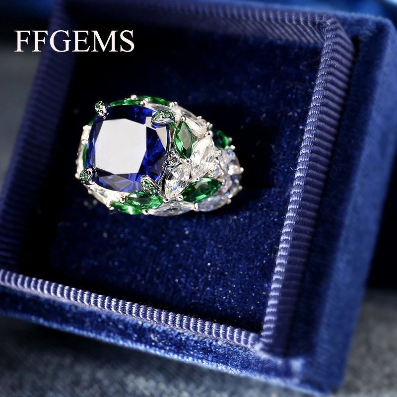FFGEMS 100% Стерлинговое Серебро 925 пробы большие кольца Аквамарин синий сапфир